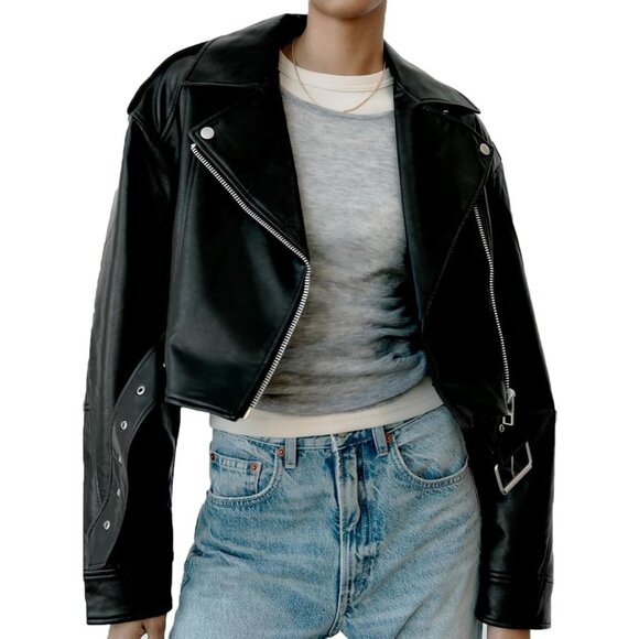 Women's Faux Leather Cropped Jacket Lapel Zipper Biker Short Coat Black - Picture 3 of 6